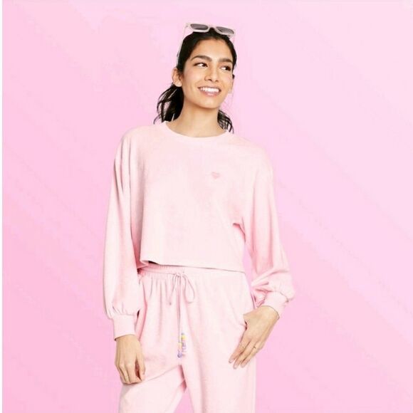 Stoney Clover Lane small terry cloth light pink cropped sweatshirt - Picture 1 of 2